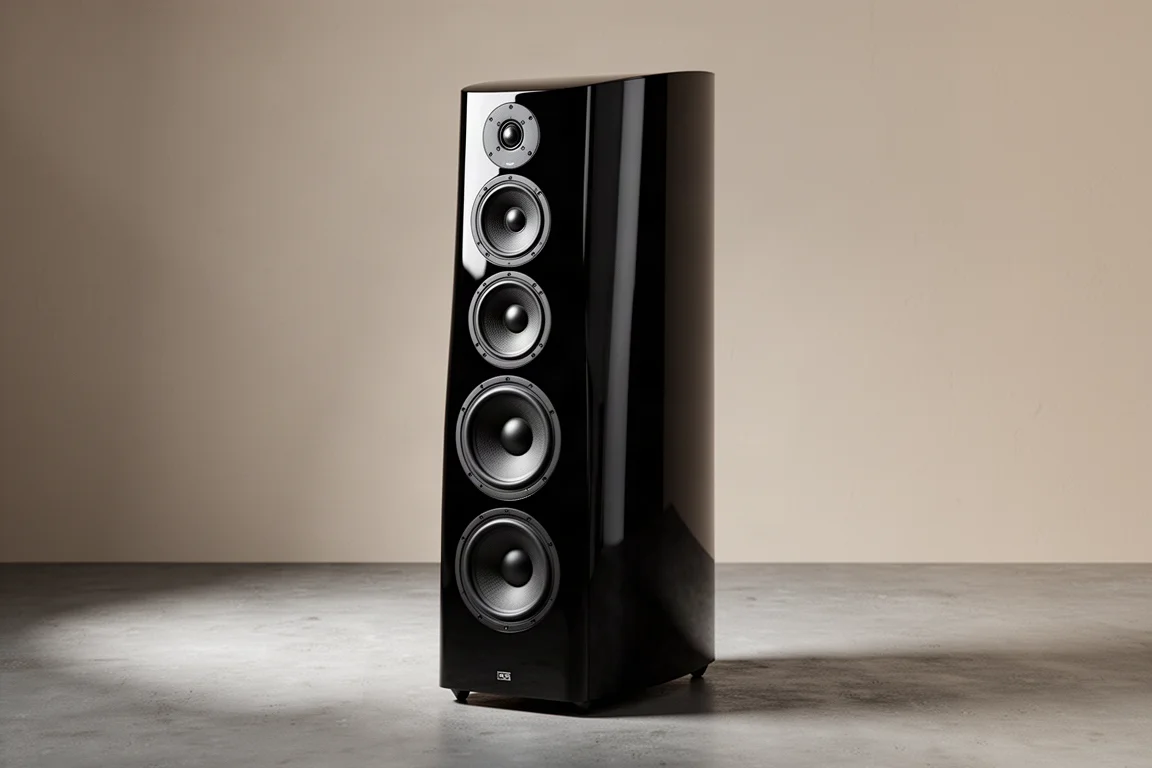 Tall gloss black floorstanding tower speaker with angled baffle on a grey backdrop