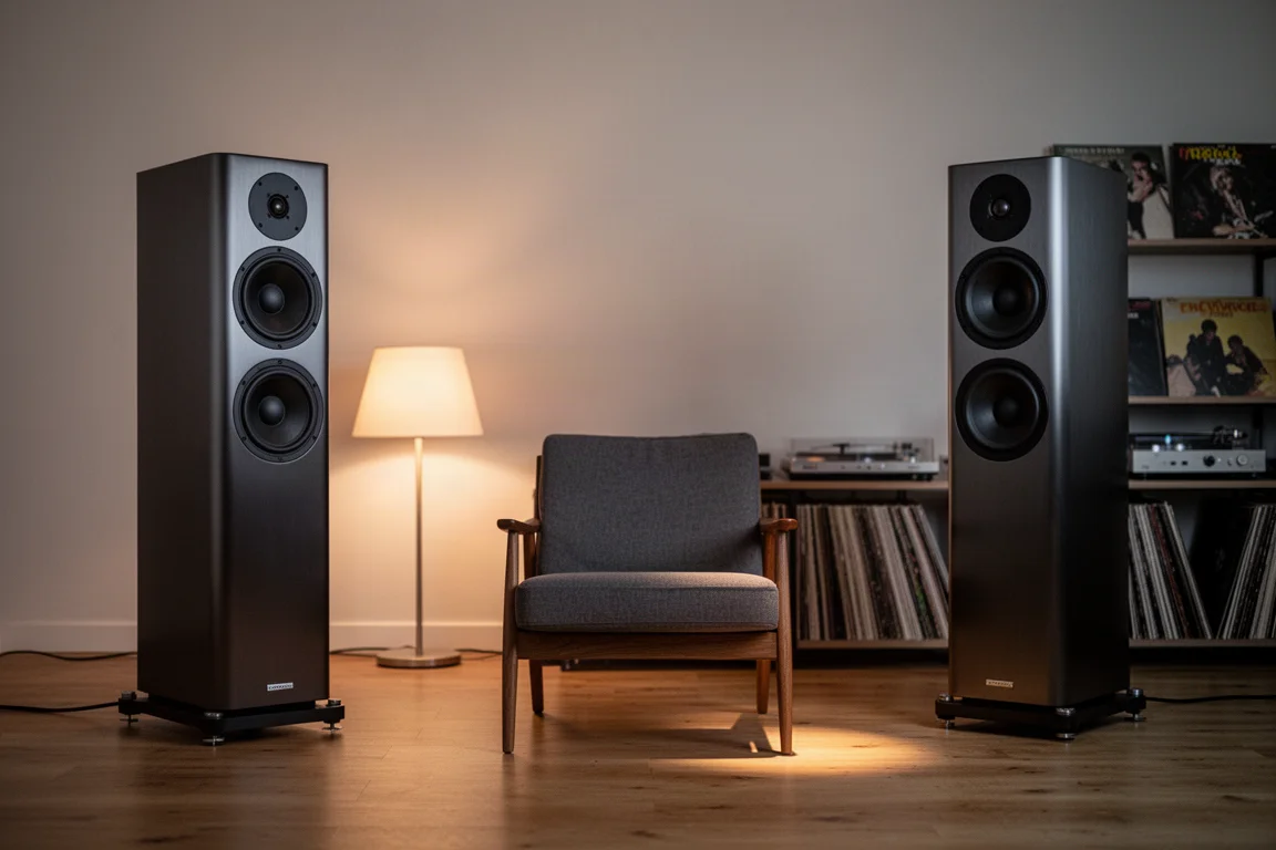 Two tall floorstanding speakers flanking a listening chair in a warm-lit room at dusk