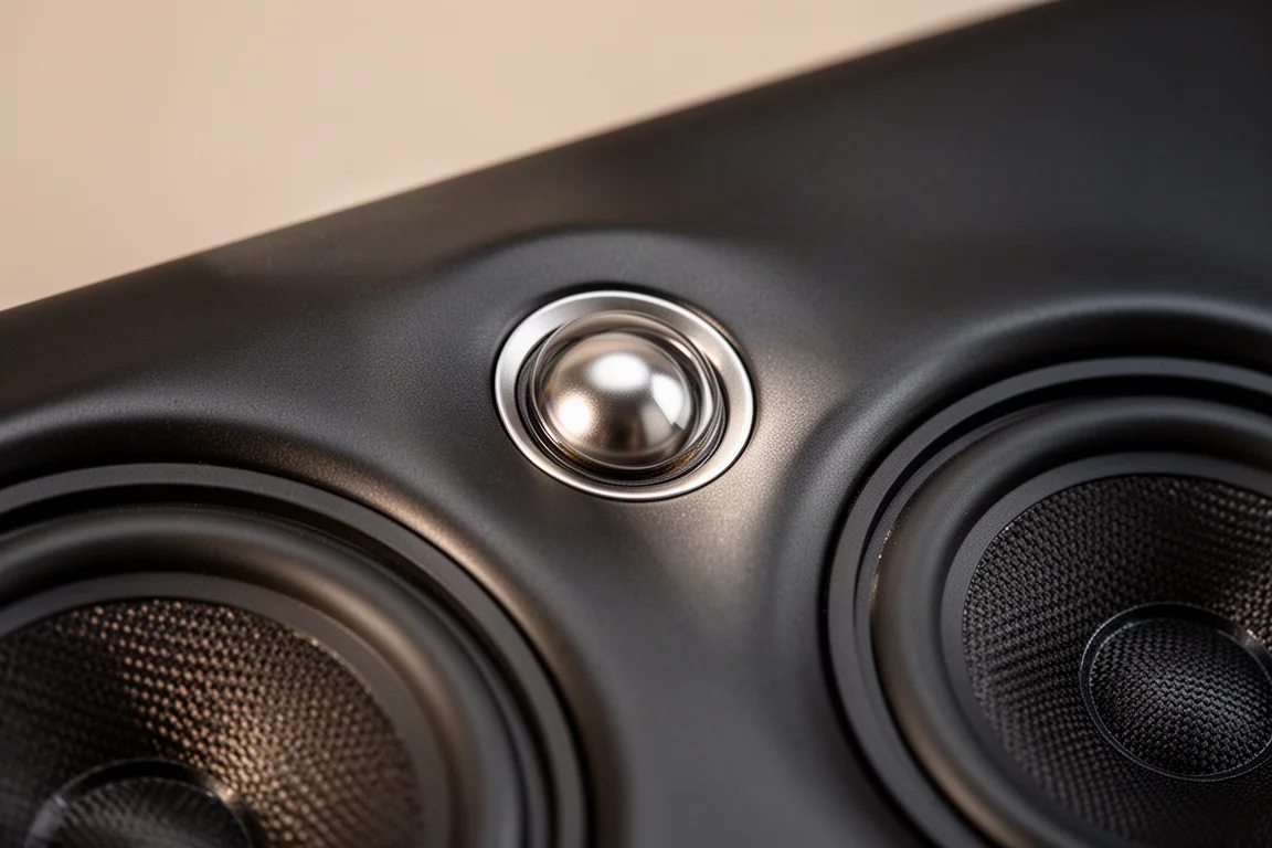 Close-up of a tweeter dome and two midrange drivers on a black speaker baffle