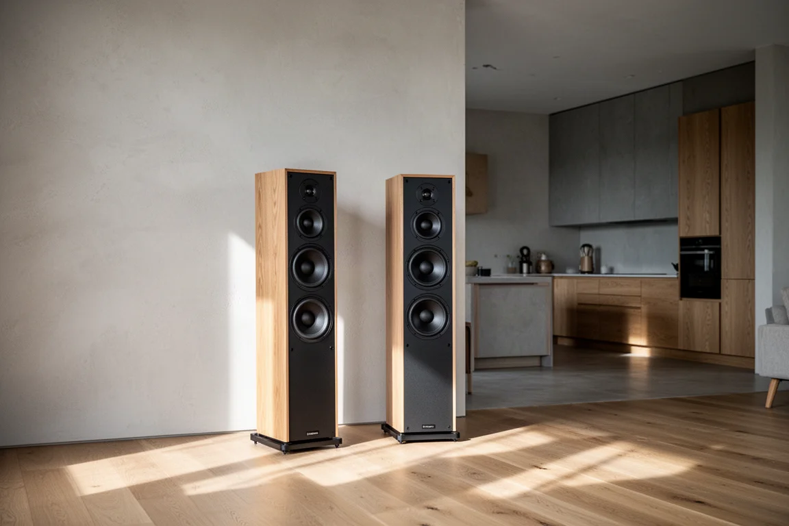 Pair of tower speakers standing clear of a pale wall on a wooden floor in daylight