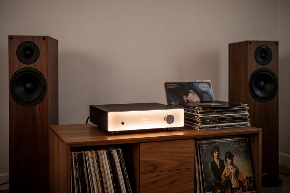 Integrated amplifier on a wooden sideboard with tower speakers in the background