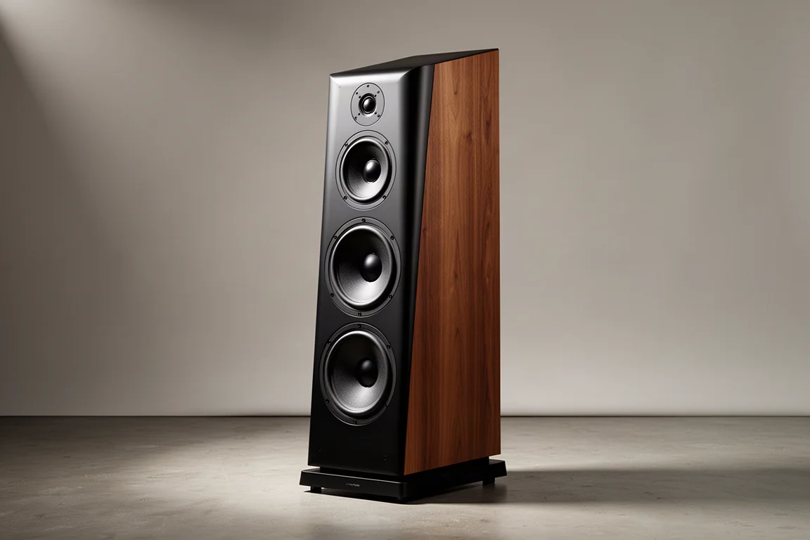 Tall floorstanding tower loudspeaker with sloped baffle on a concrete floor against a grey backdrop