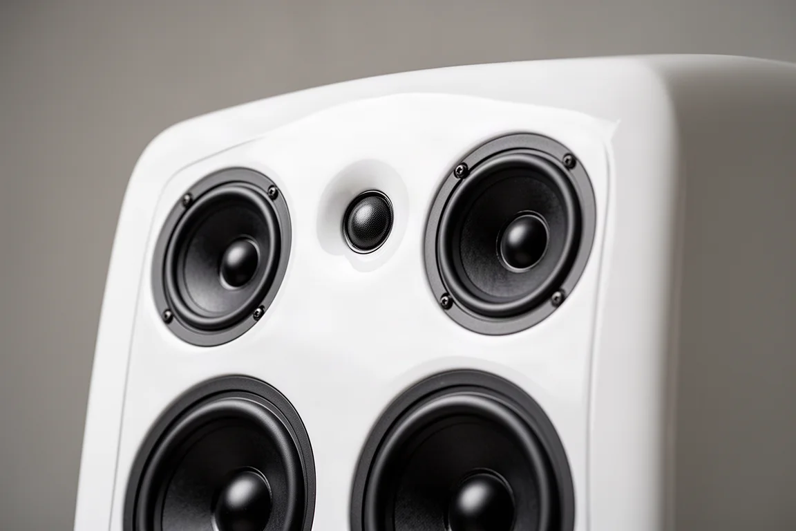 Close-up van een gebogen glanzend witte luidsprekerbaffle met tweeter, midrange en woofer-conussen