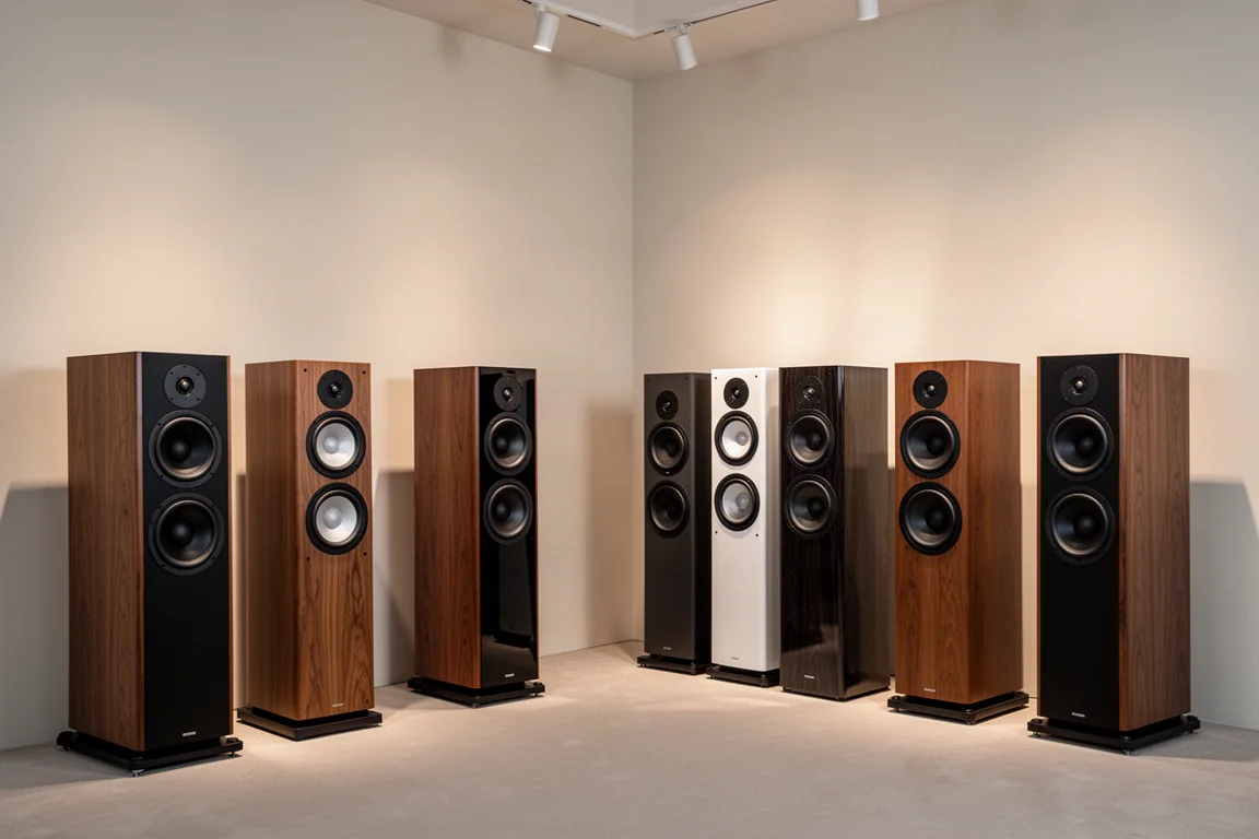 Hoek van een hi-fi showroom met verschillende paren zuil luidsprekers langs een lichtgekleurde muur