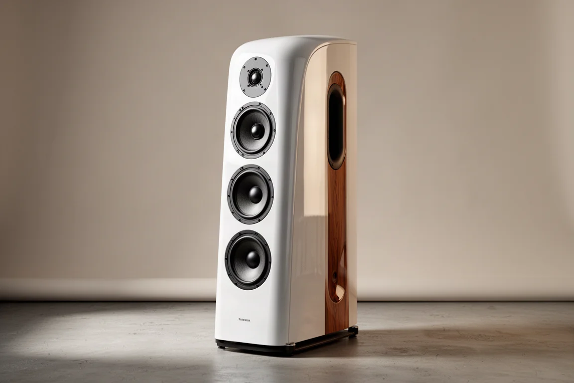 Gloss white SVS Ultra Evolution Titan tower speaker with curved baffle on concrete floor