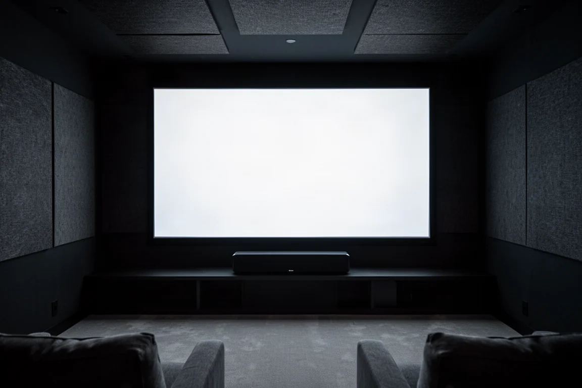 Sala de cine en casa con un altavoz central horizontal bajo una pantalla de proyección