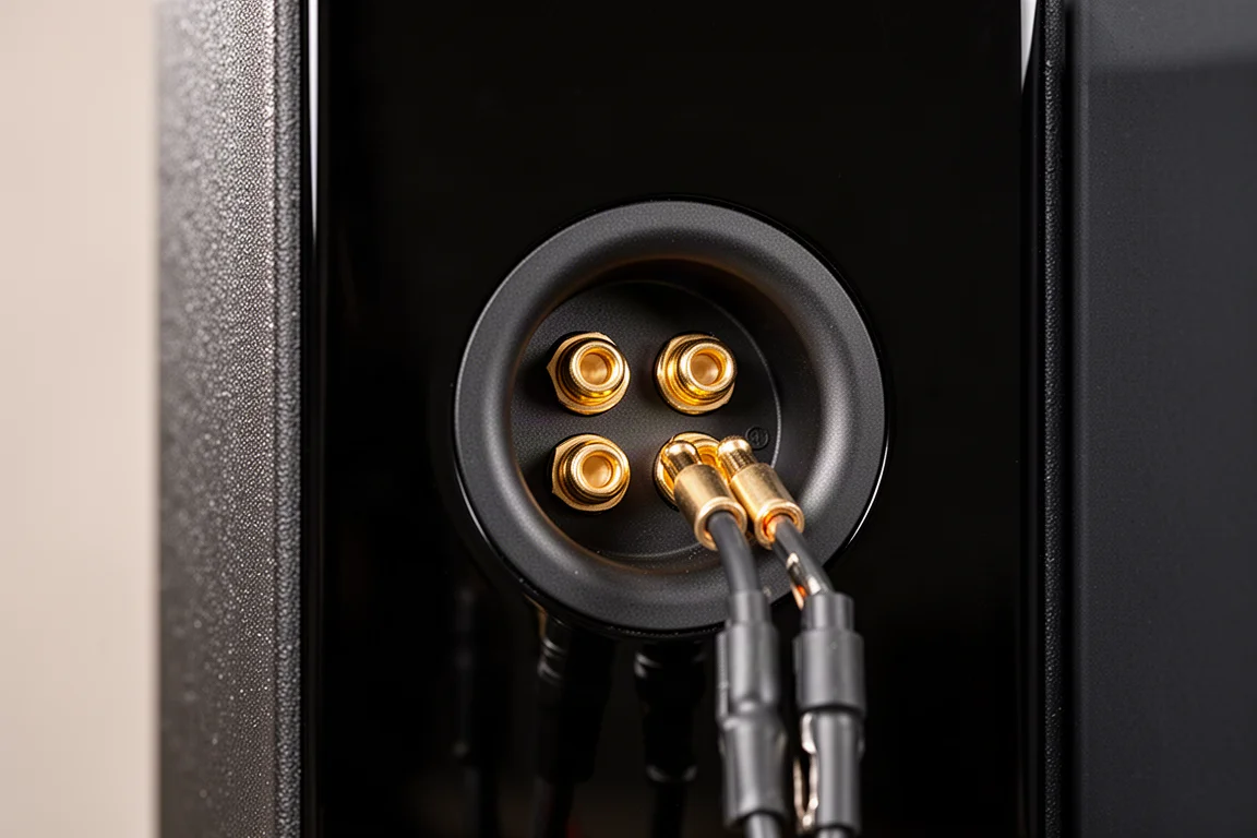 Primer plano del panel de terminales trasero de un altavoz con bornes y conectores banana
