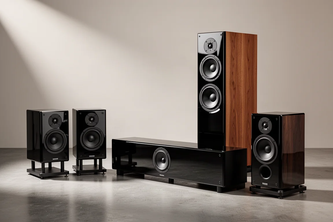 High-gloss black home audio speakers arranged on a concrete floor in a studio setting