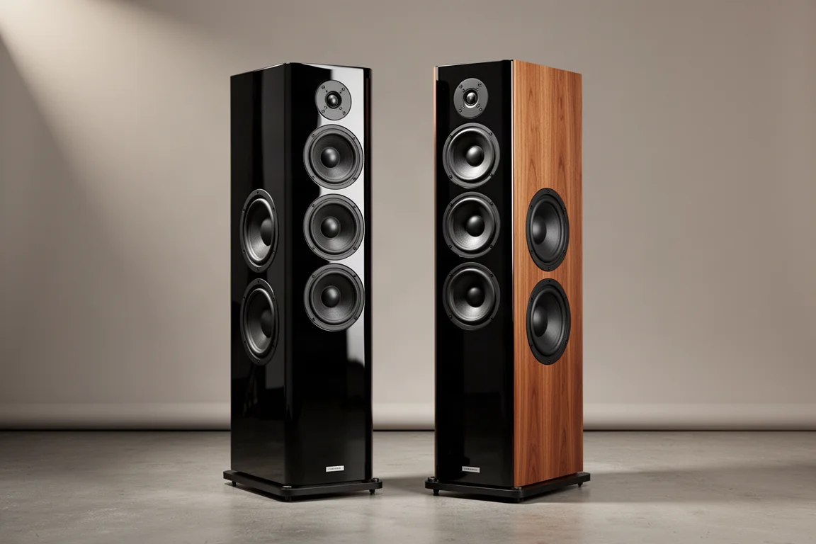 Pair of gloss black floorstanding tower speakers on a concrete floor against a grey backdrop