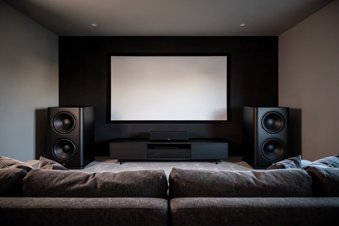 Salle de home cinéma avec deux grands caissons de basses dans les coins avant sous un faible éclairage ambiant