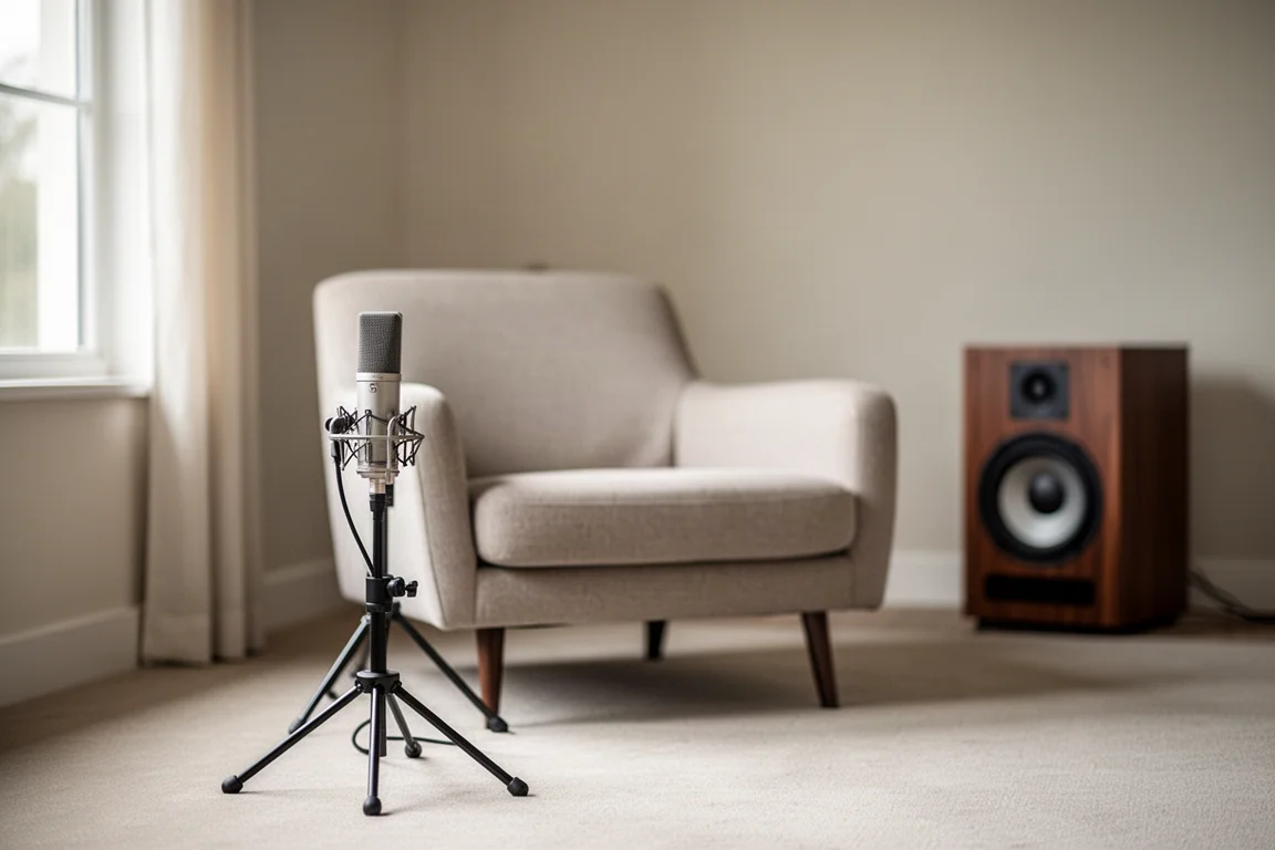 Microphone de mesure sur un trépied dans un salon, pointé vers la place d'écoute