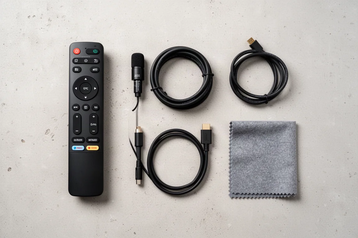 Vue à plat des accessoires de home cinéma sur une surface en béton