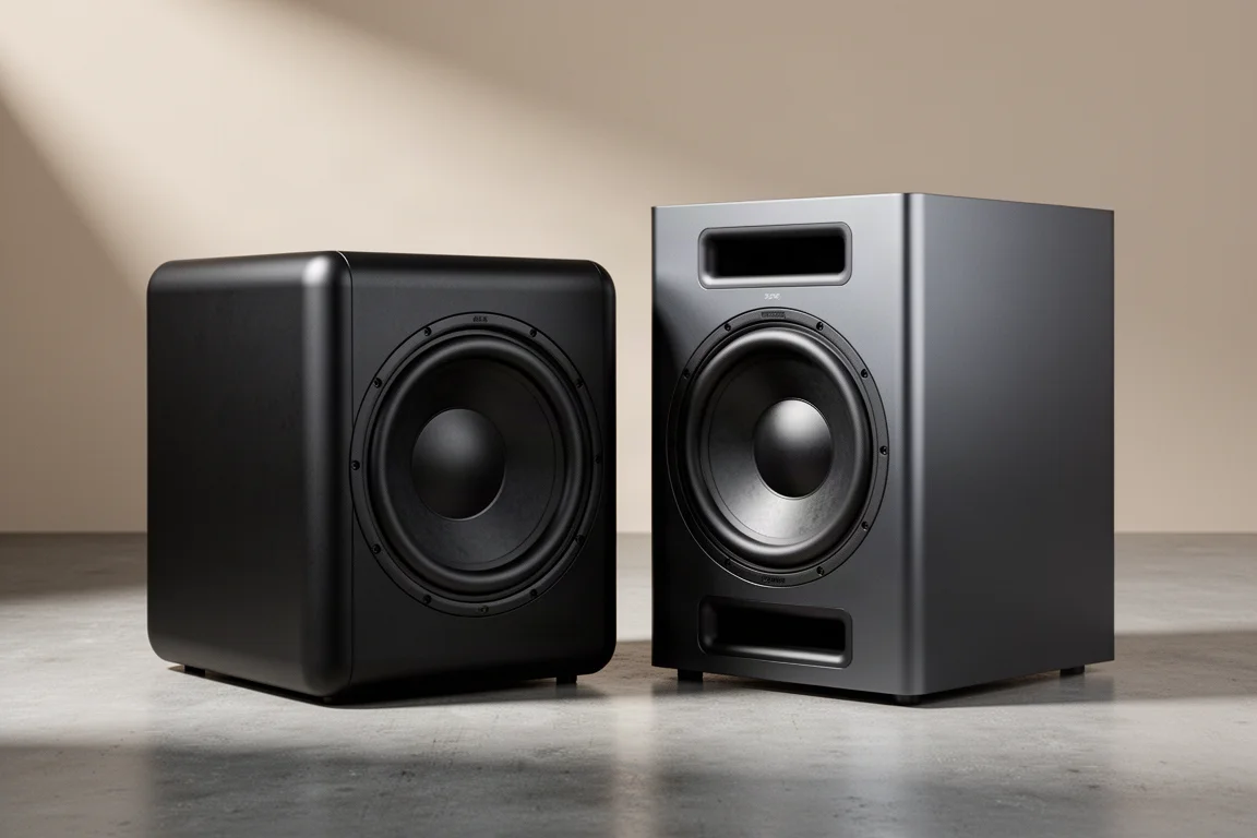 Two large home theater subwoofer cabinets side by side on a concrete floor
