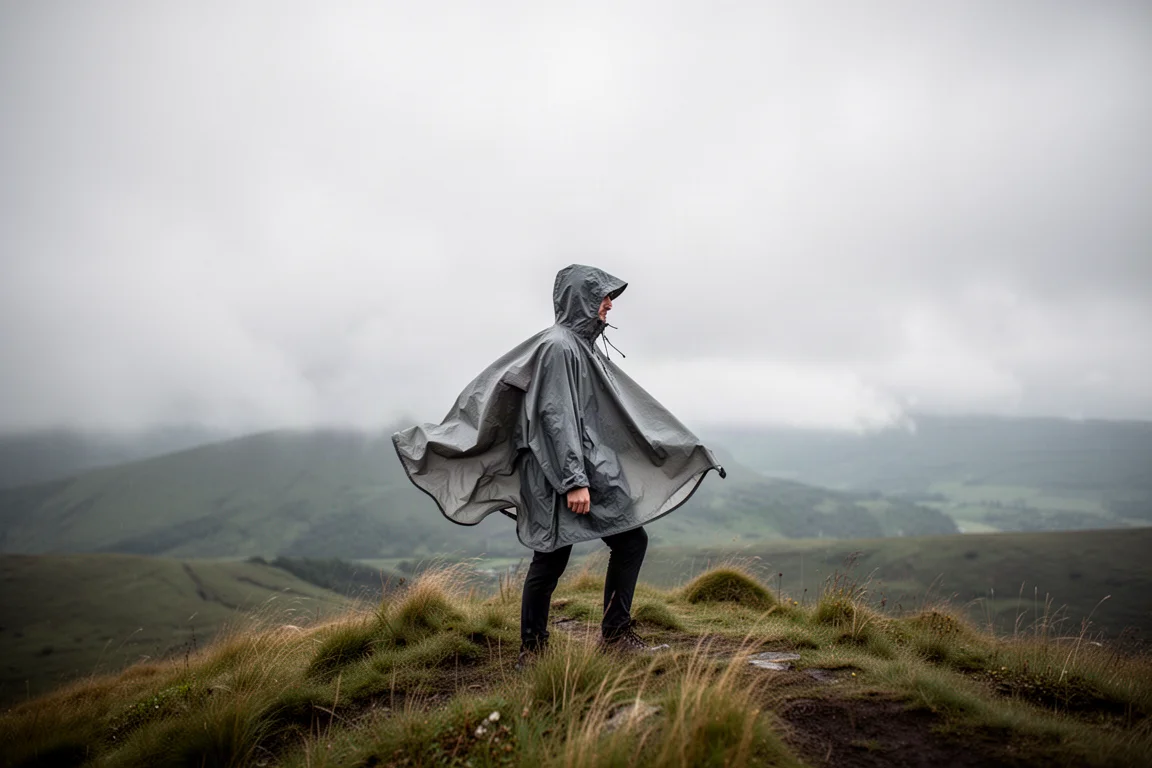 Hiker on a windswept ridge wearing a lightweight poncho under an overcast sky
