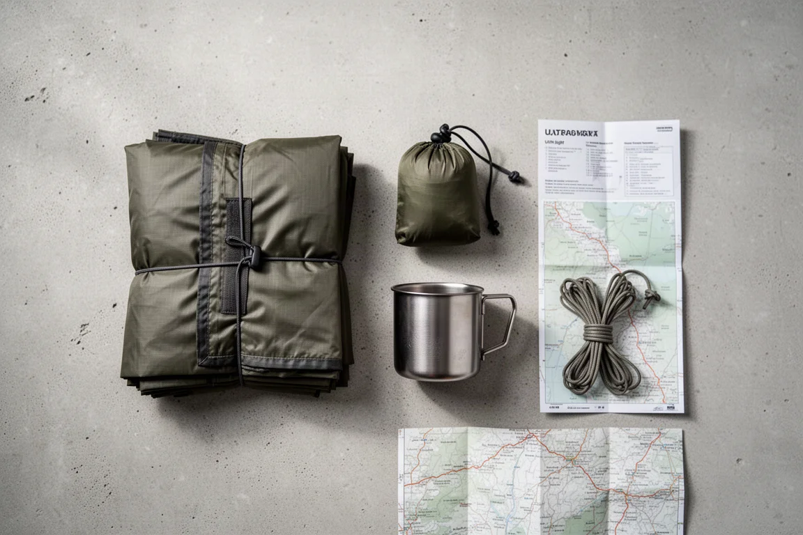 Overhead flat lay of ultralight camp gear on concrete with a folded nylon poncho