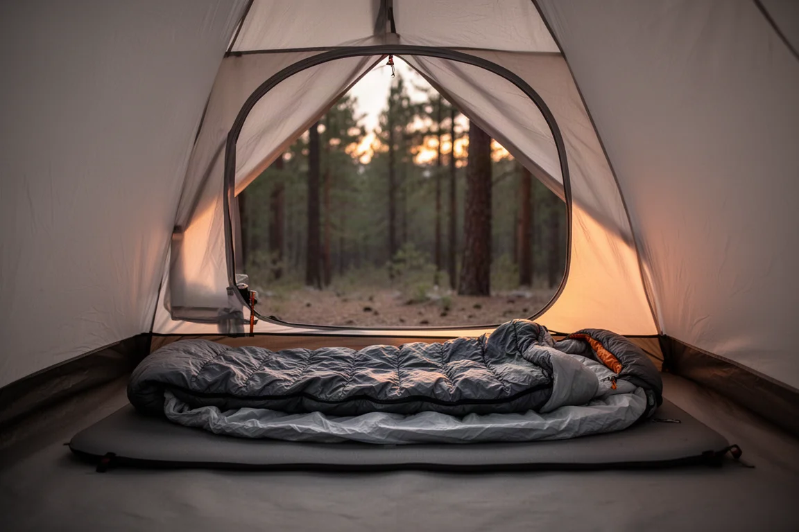 Warm weather campsite at dusk with a lightweight sleeping setup inside a tent