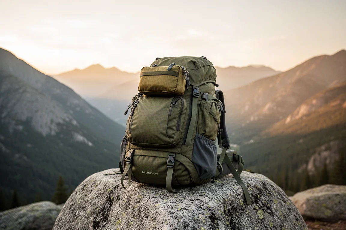 Compact gear bundle resting on a packed backpack in a mountain valley at golden hour