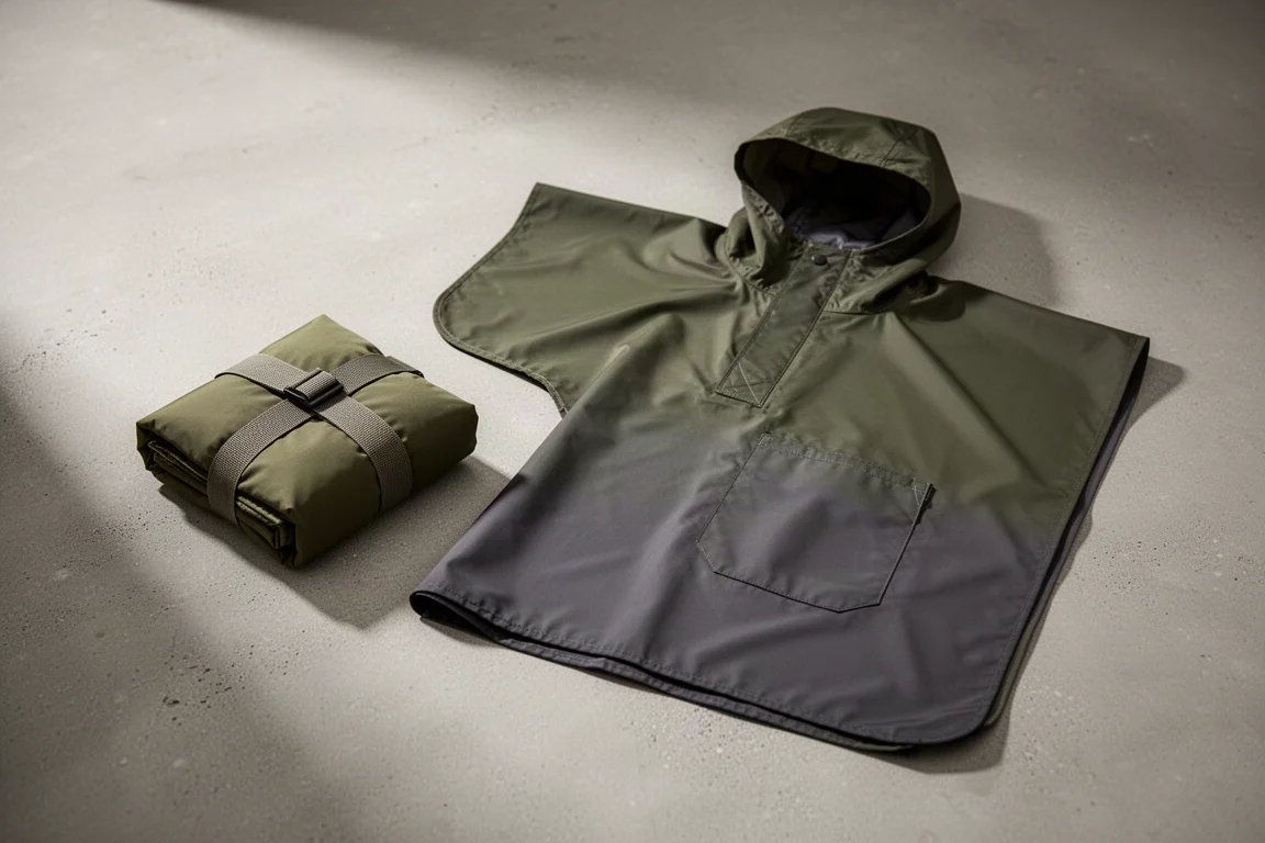 Lightweight nylon poncho shown folded into a small bundle and laid out flat on concrete