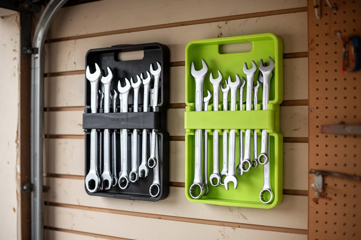 Schraubenschlüssel-Organizer-Schalen mit Schlüsselsätzen an einer Garagenwand