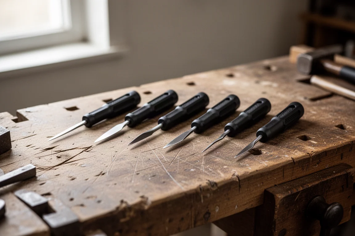 Six mini pick tools with black handles laid out on a workshop bench
