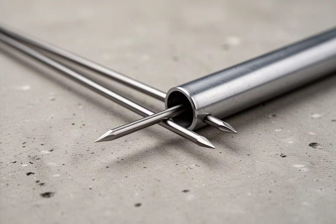 Close-up of a hooked pick tip next to a small steel tube used for a bend test