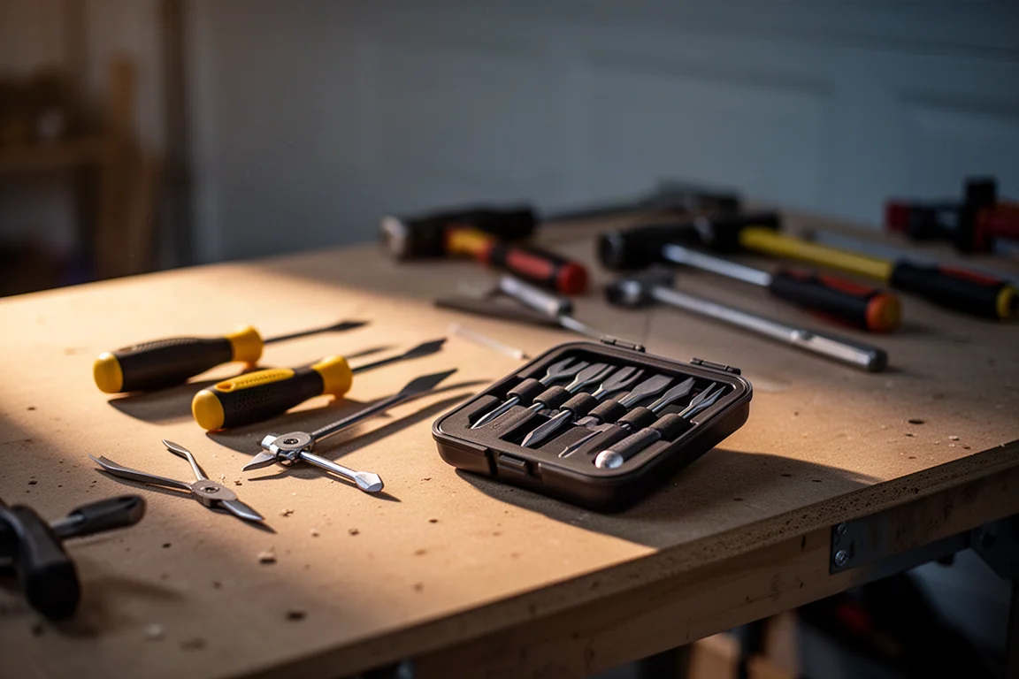 Garage workbench with scattered hand tools in soft evening light