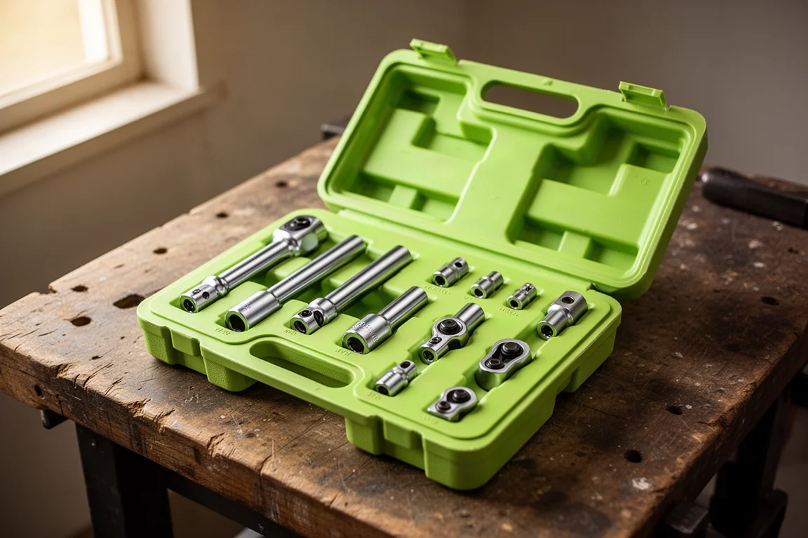 Open lime green blow-molded tool case with extensions and universal joints laid out on a workbench