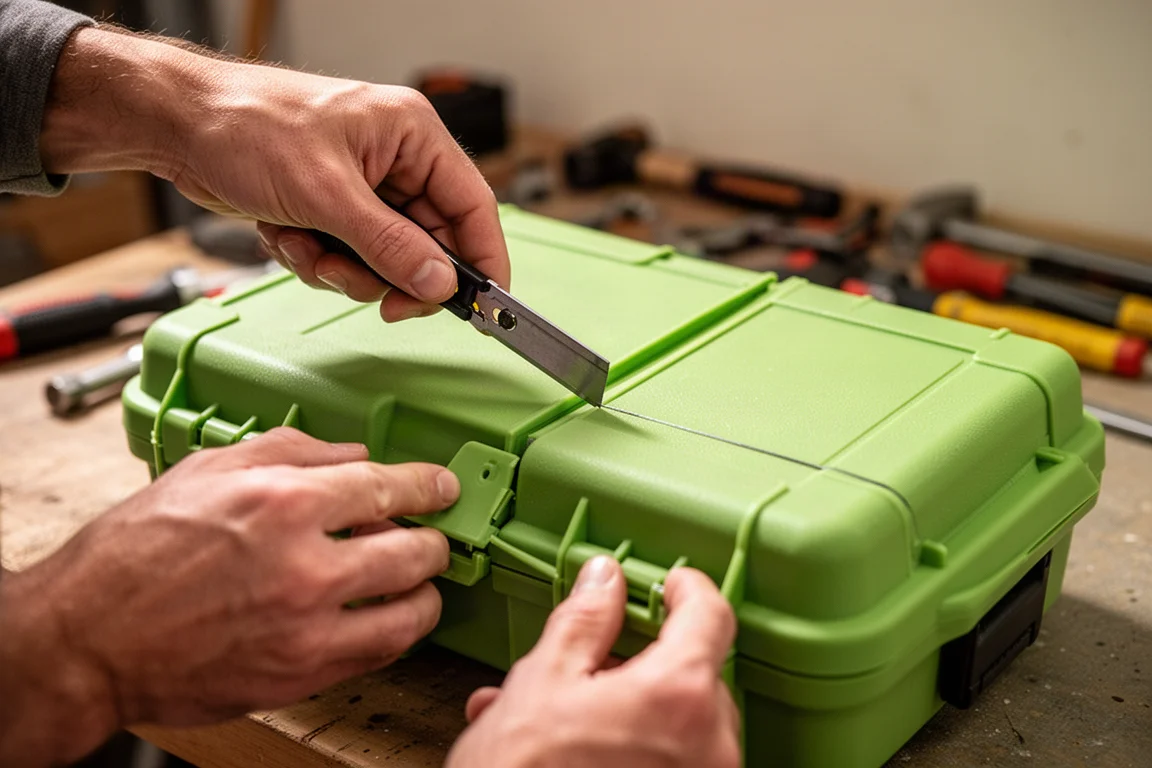 Hands trimming the thin hinge off a blow-molded tool case with a razor blade