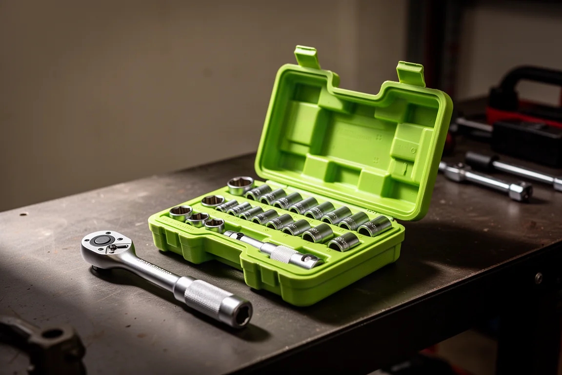 Compact lime green impact socket set open on a garage bench next to a socket wrench