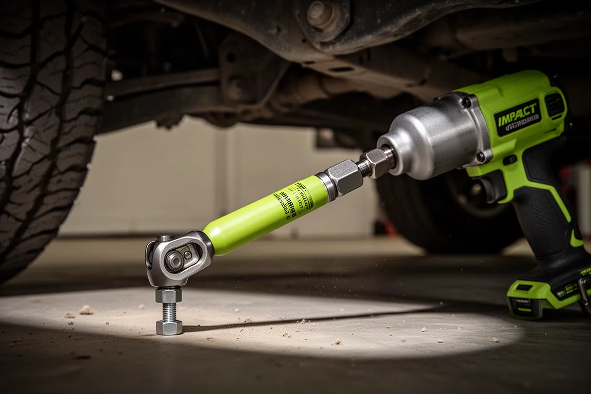 Impact extension and universal joint attached to an impact wrench on a vehicle undercarriage