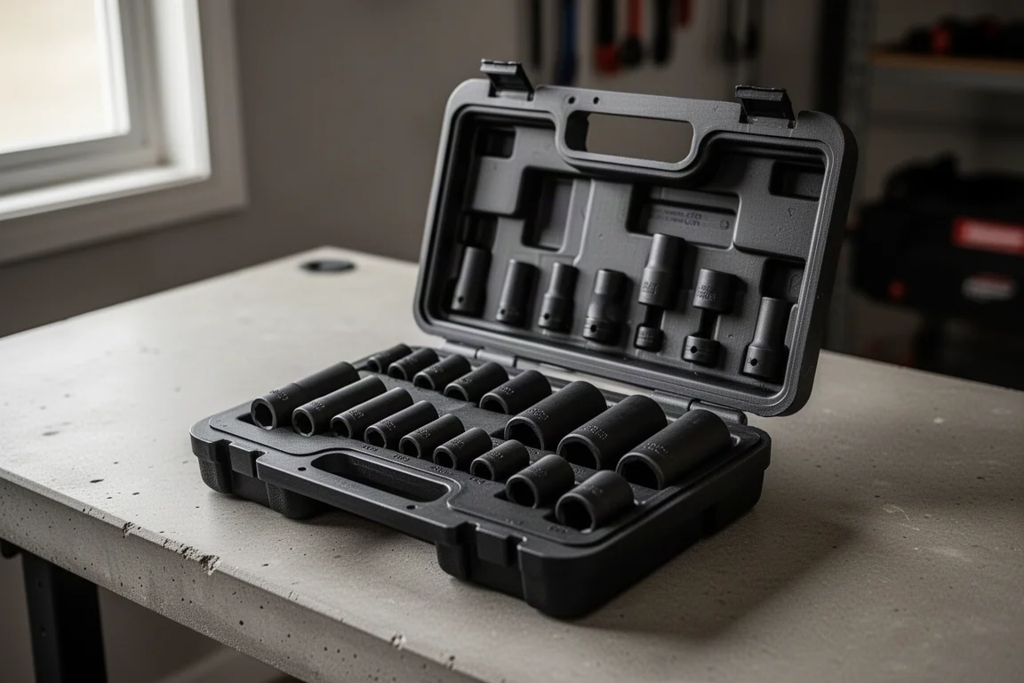 Impact sockets arranged in size order inside a blow-molded case
