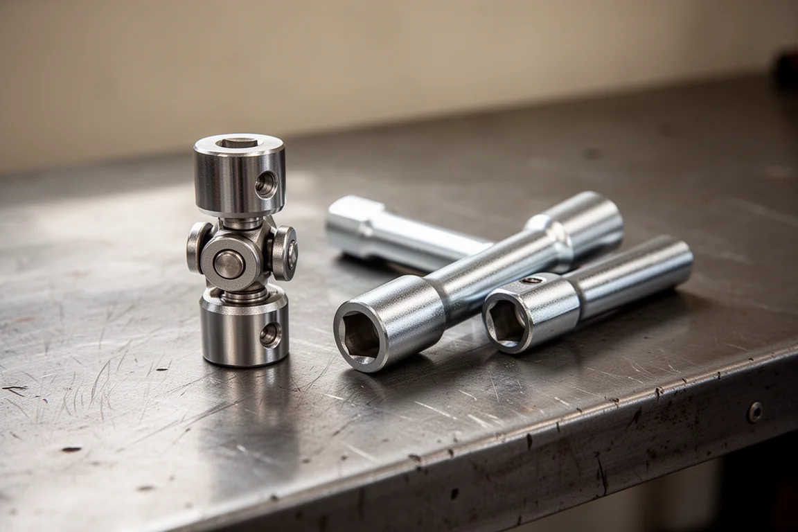 Close-up of a chrome universal joint adapter and extension bars on a workbench