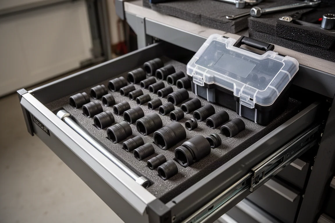 Open tool drawer with sockets removed from their case and ready to use