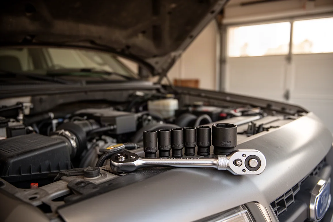 Truck engine bay under repair with sockets and a wrench nearby