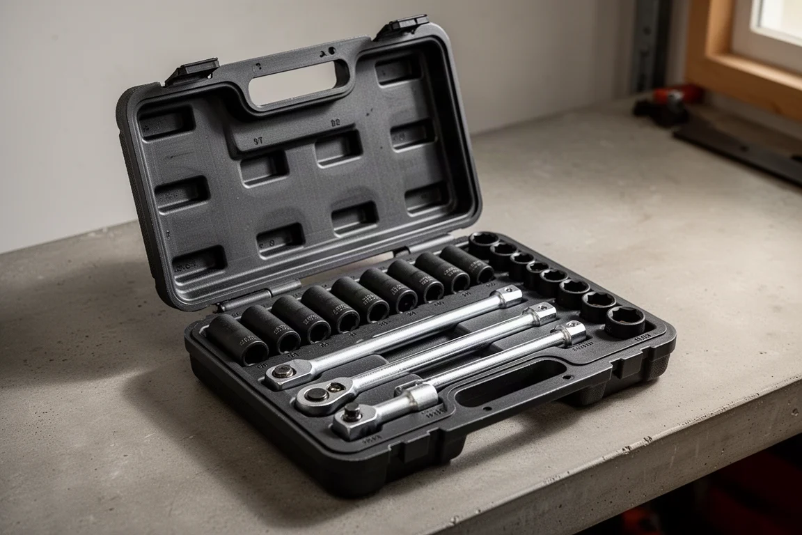 20-piece impact socket set in an open blow-molded case on a concrete workbench