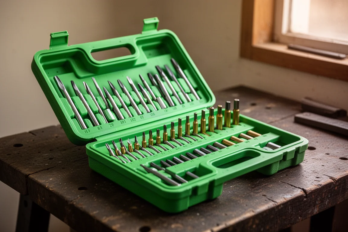 Étui en plastique vert vif du jeu de poinçons ouvert sur un plan de travail