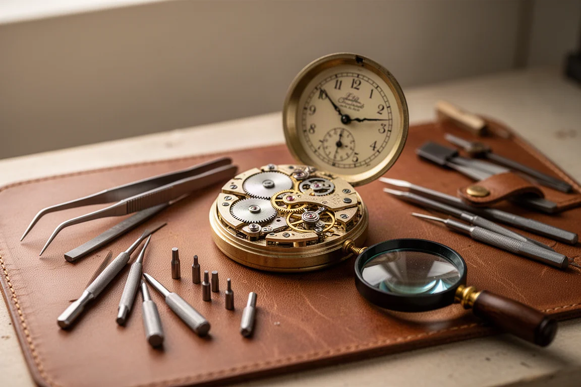 Établi d'amateur avec un mouvement d'horloge mécanique démonté pour réparation