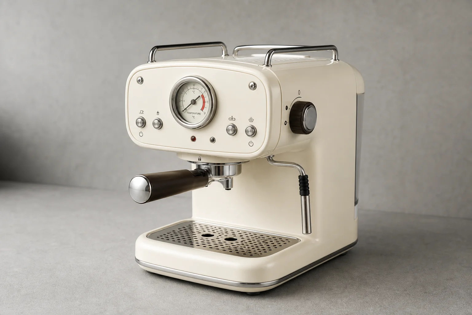Five budget espresso machines arranged in a row on concrete surface