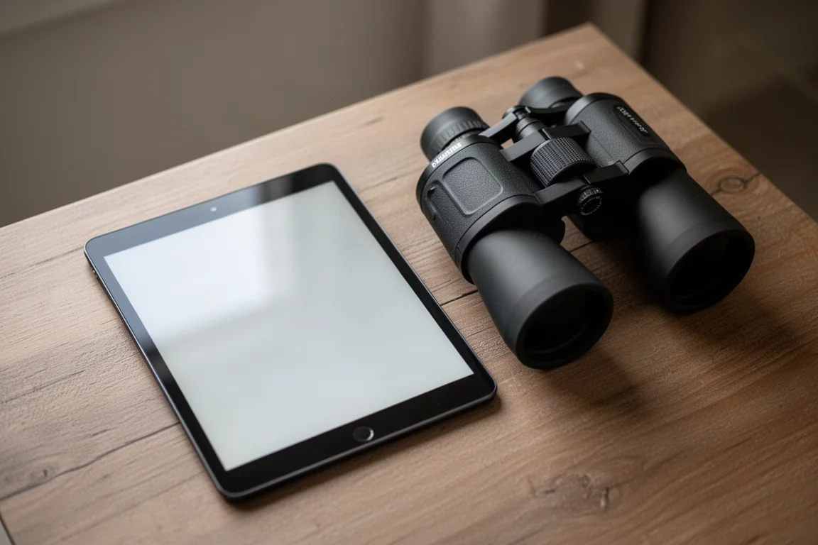 Tablet ao lado de binóculos exibindo uma biblioteca de fotos de aves