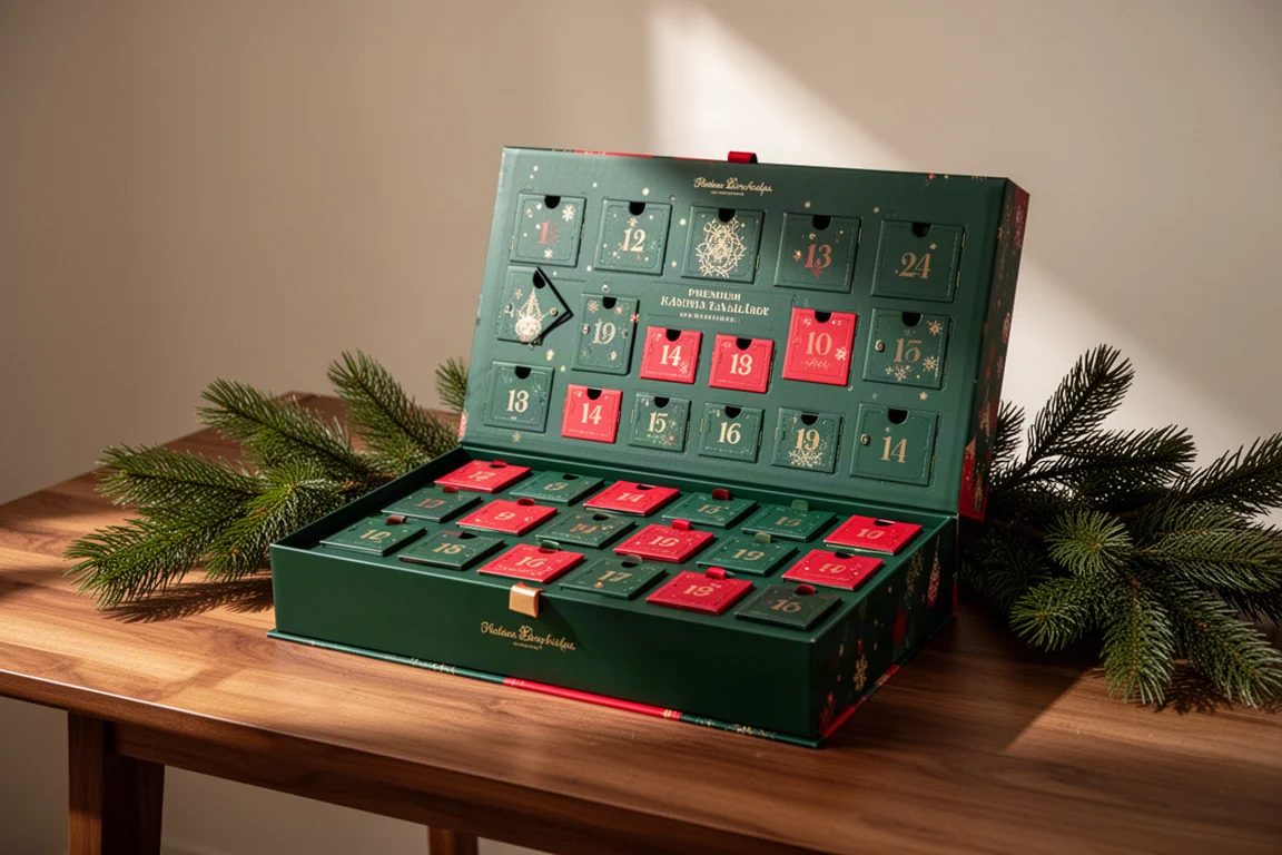 Hochwertiger Adventskalender auf einem Tisch geöffnet, mit sichtbaren nummerierten Türchen