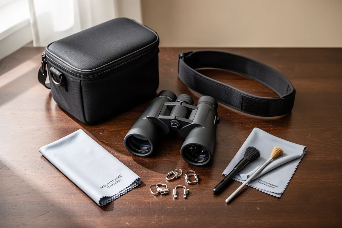 Fernglas ausgepackt auf einem Tisch mit Tasche, Gurt, Reinigungstuch und Zubehör