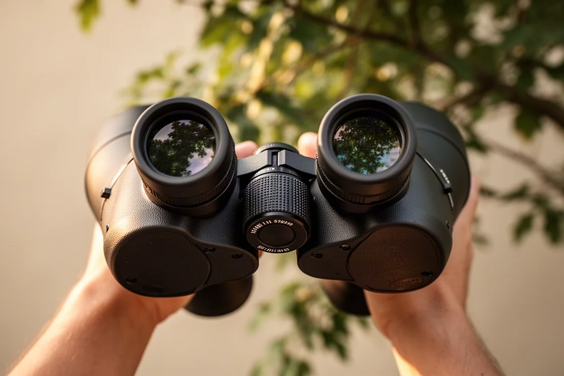 Fernglas in Richtung Baumkronen gerichtet bei sanftem Tageslicht
