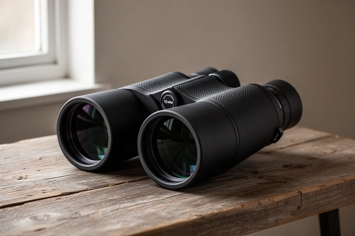 Premium black binoculars with large objective lenses on a wooden table by a window
