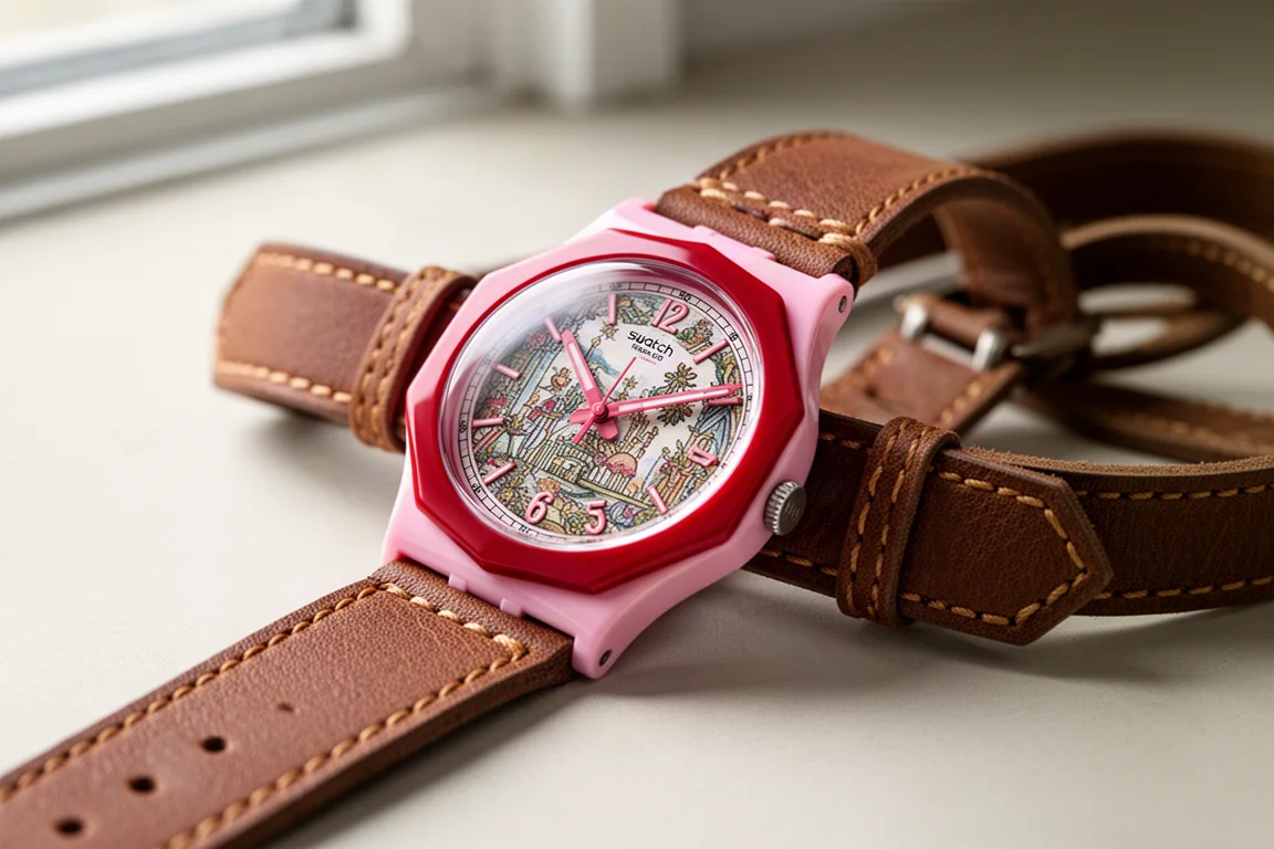 Reloj de bolsillo Swatch Royal Pop con caja rosa y bisel cereza en cordón de piel de becerro