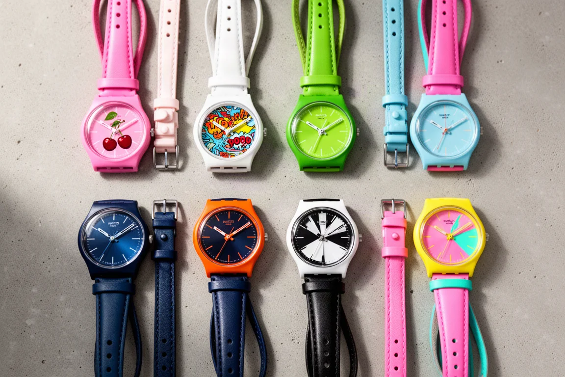 Colección de ocho variaciones del Swatch Royal Pop en diferentes combinaciones de colores