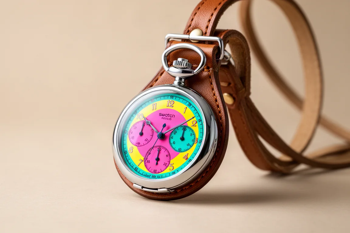 Reloj de bolsillo Swatch Royal Pop sujeto en su funda de cordón en un ángulo de 90 grados