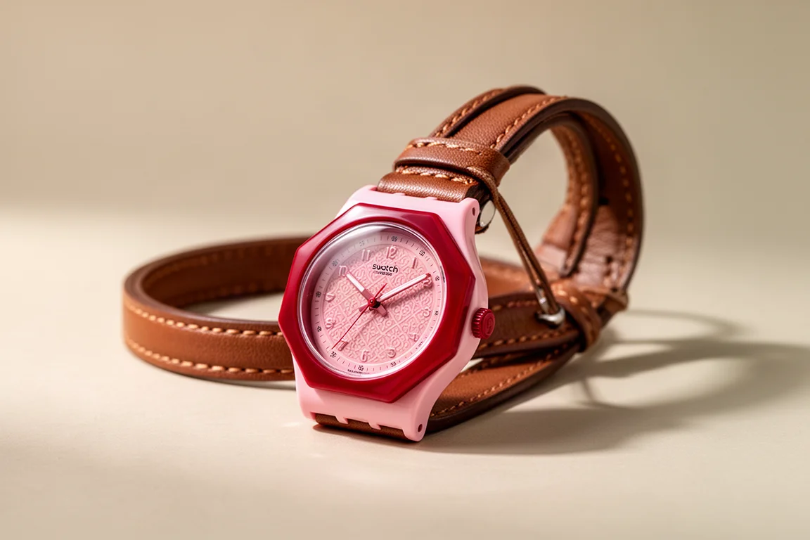 Swatch Royal Pop pocket watch with pink case and cherry bezel on calfskin lanyard