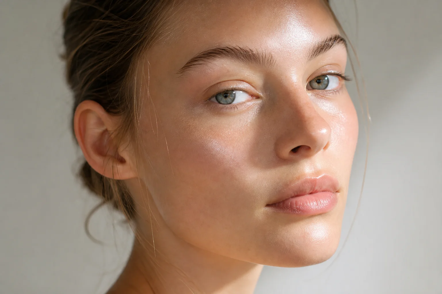 Close-up of dewy, luminous skin with natural radiance and soft highlights