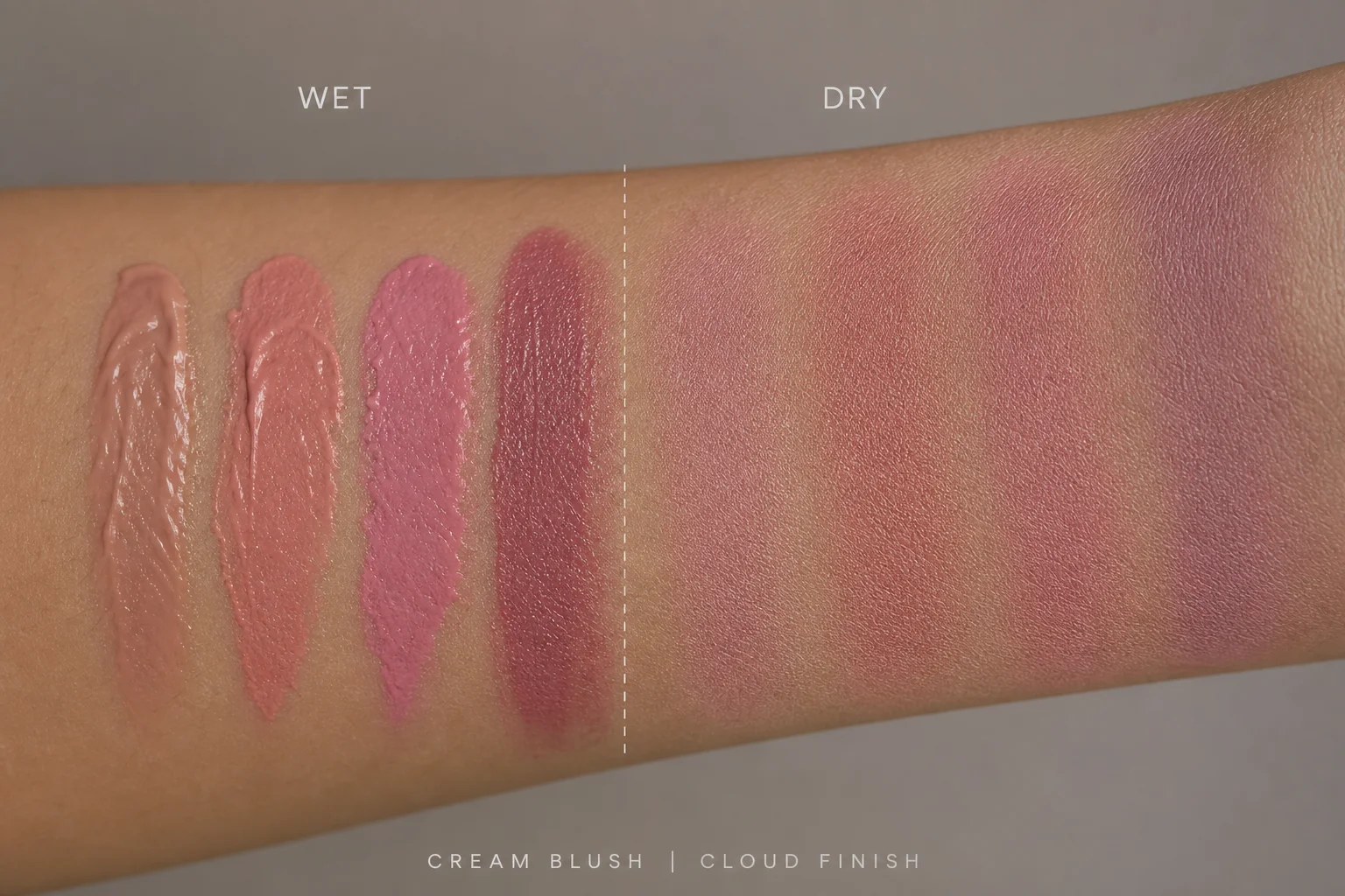 Cream blush swatches showing cloud-like texture transforming from creamy to satin finish