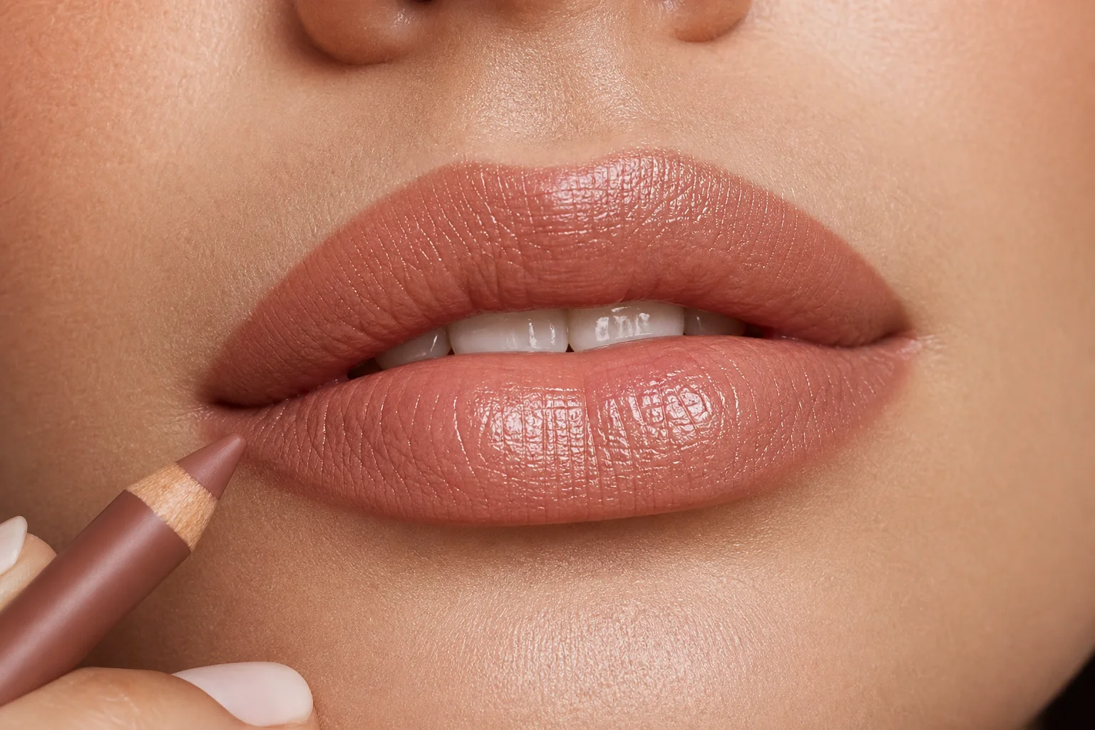 Lip liner and lipstick swatches on lips showing warm nude tones and definition